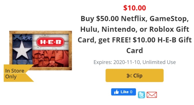Expired H E B Buy 50 Select Gift Cards Get 10 H E B Gift Card Free Netflix Nintendo Eshop Hulu Gamestop Roblox Gc Galore - how to get roblox gift cards cheapest