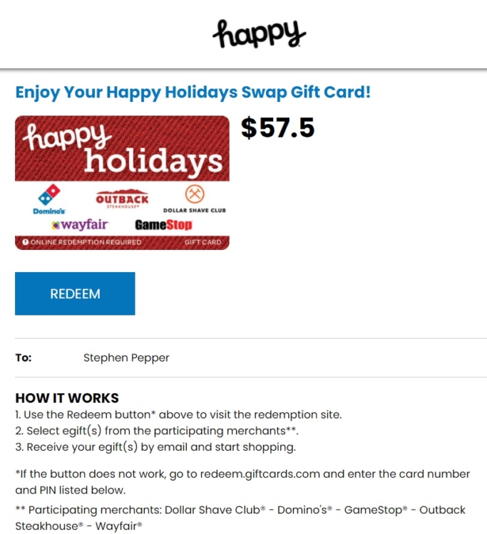 Happy Swap Gift Card redemption screen