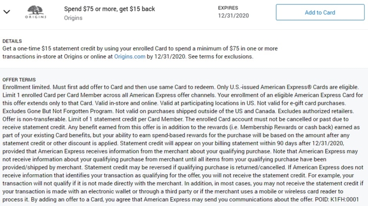 Origins Amex Offer Spend $75 & Get $15 Back 12.31.20