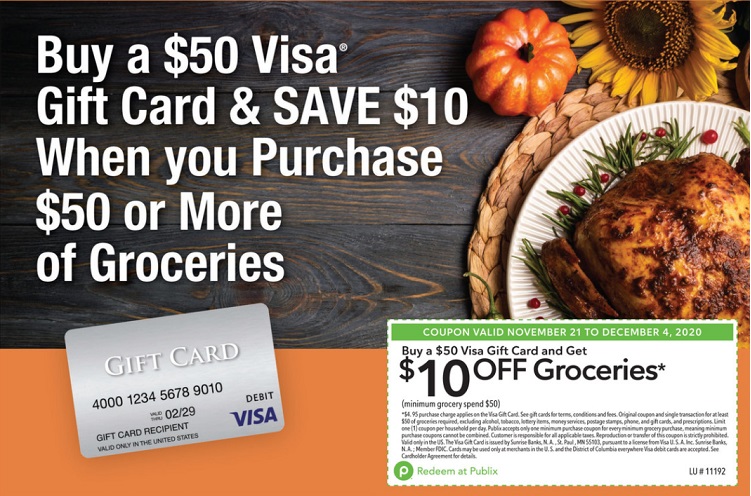 Expired Publix Buy 50 Visa Gift Card 50 Groceries Save 10 Nov 21 Dec 4 Gc Galore