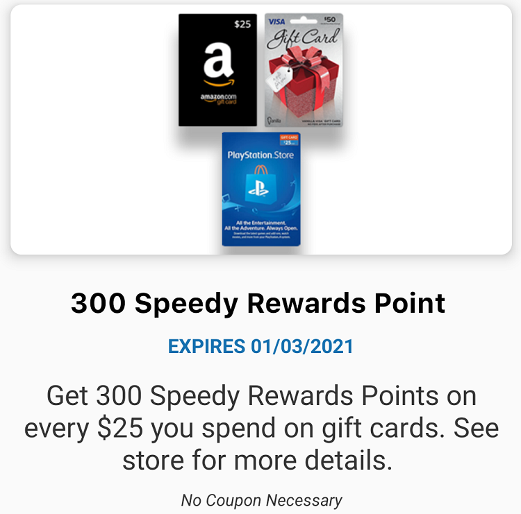 Speedway 300 Bonus Points $25 Gift Cards