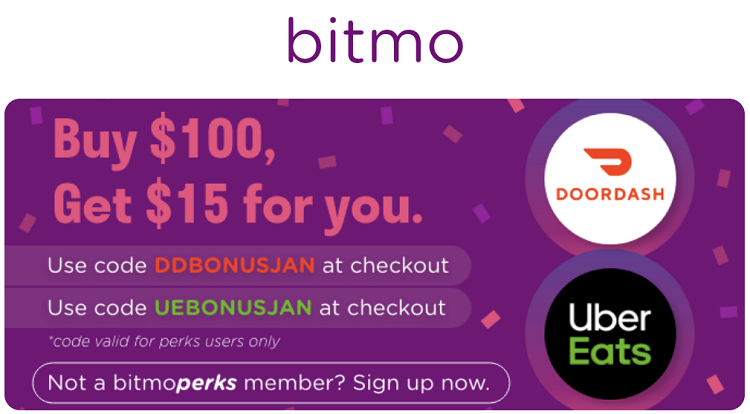 Bitmo DoorDash Uber Eats Promo Code DDBONUSJAN UEBONUSJAN