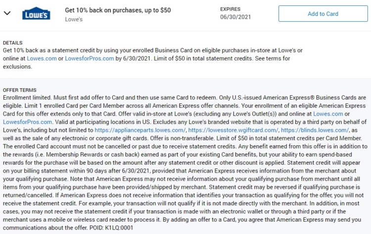 Lowe's Amex Offer 10% Back On Up To $500 Spend