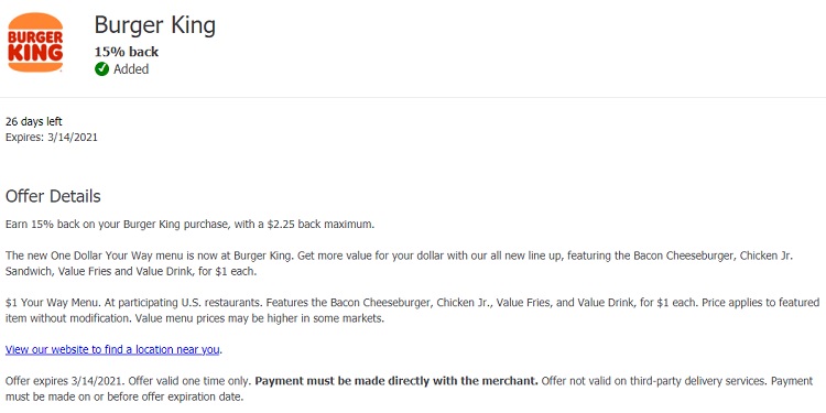 Burger King Chase Offer 15% Back