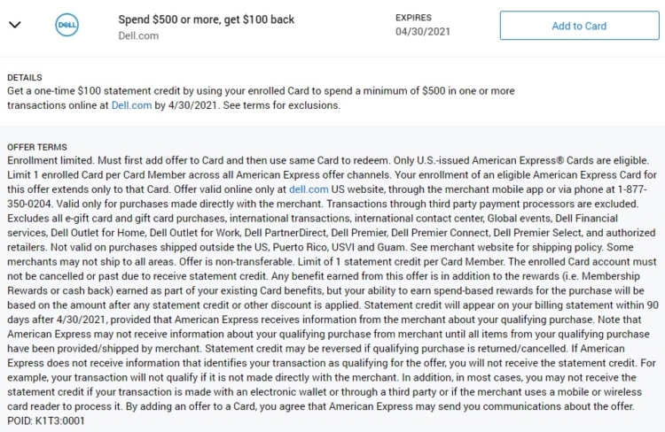 Dell Amex Offer Spend $500 Get $100 Back