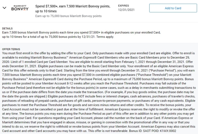 Marriott Card Amex Offer Spend $7,500 & Get 7,500 bonus points