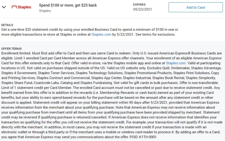 Staples Amex Offer Spend $100 Get $25 Back 05.23.21