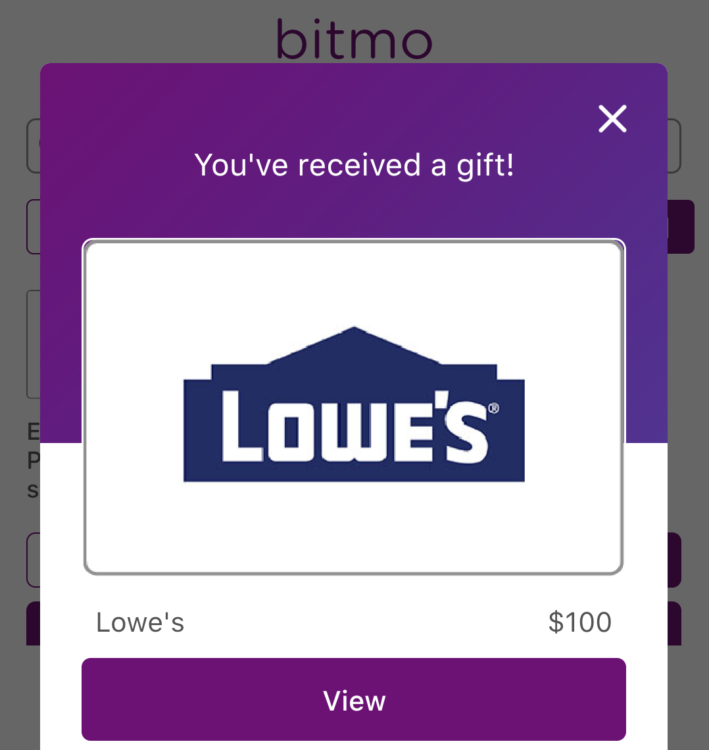 Bitmo view gift card