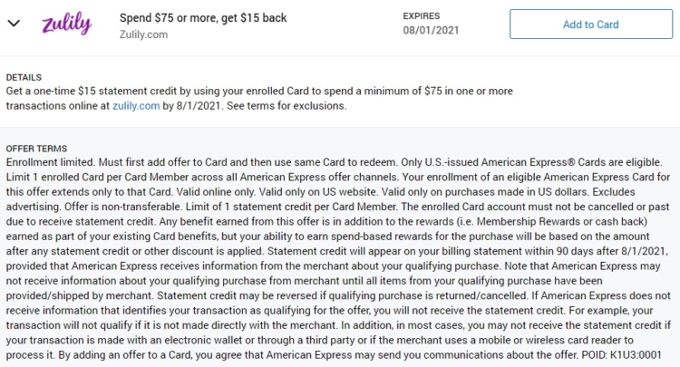 Zulily Amex Offer Spend $75 Get $15 Back 08.01.21