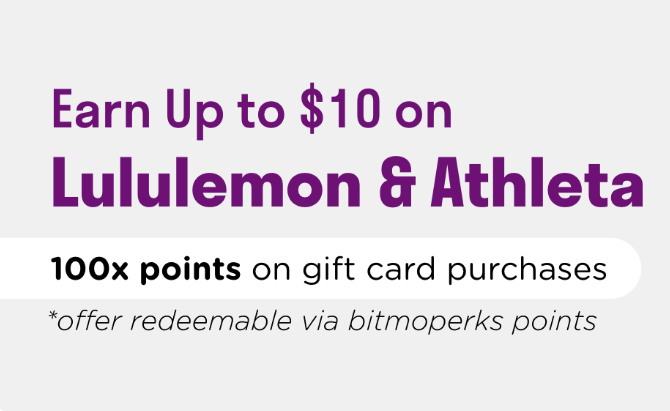 Expired Bitmo Earn 100x Perk Points On Lululemon Athleta Gift Cards Gc Galore