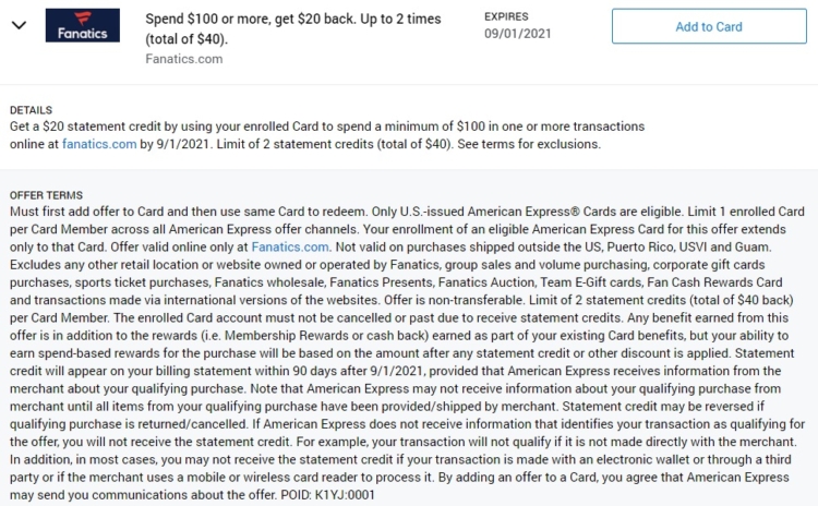 Fanatics Amex Offer Spend $100 Get $20 Back
