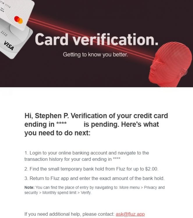 Fluz app - Card pending verification.