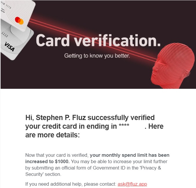 Fluz app - Card verification confirmation