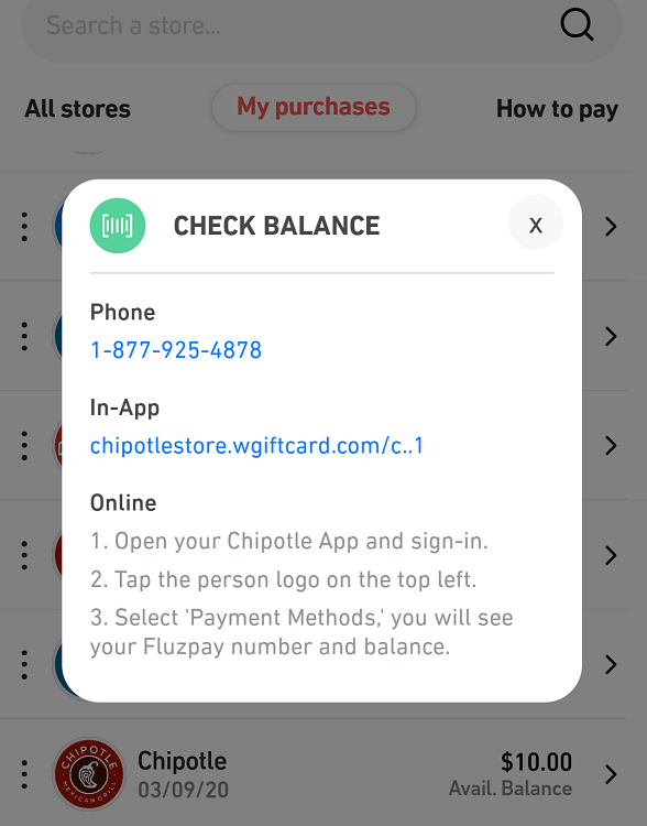 Fluz app - How to check balance of Chipotle gift card
