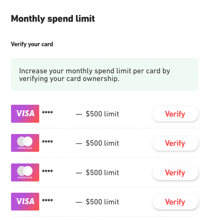 Fluz app - Monthly spend limit by card