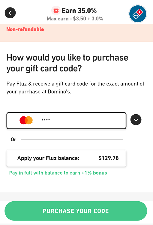 Fluz app - Payment options screen