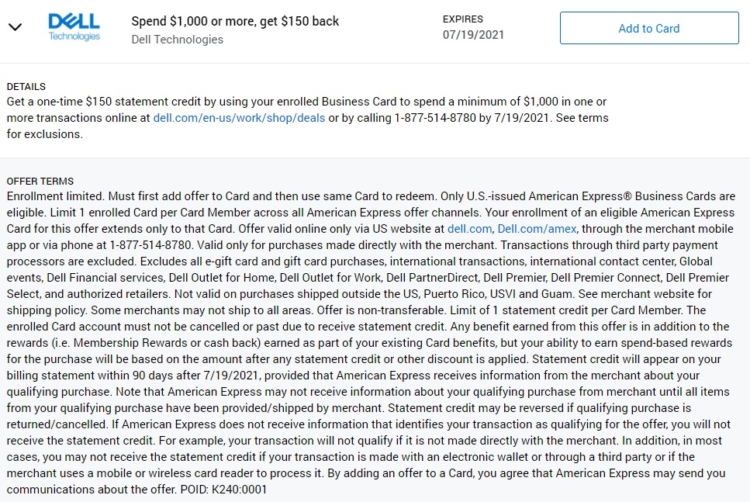 Dell Amex Offer Spend $1,000 Get $150 Back