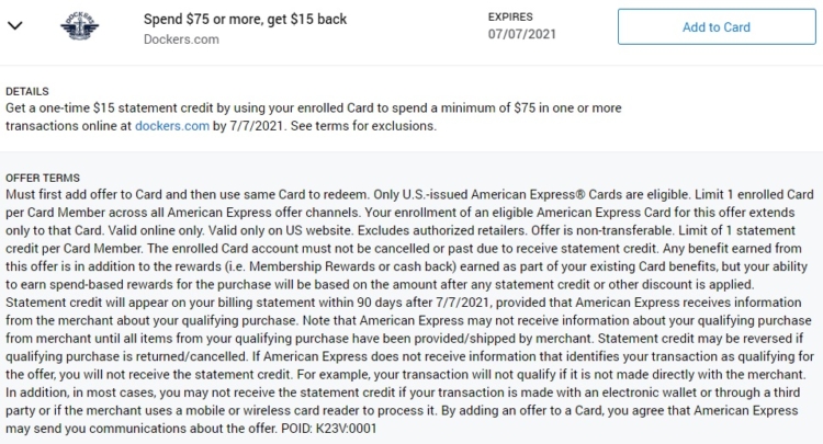 Dockers Amex Offer Spend $75 Get $15