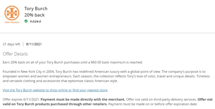 Tory Burch Chase Offer 20% Back