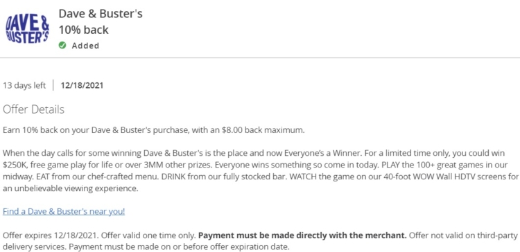 Dave & Buster's Chase Offer 12.18.21