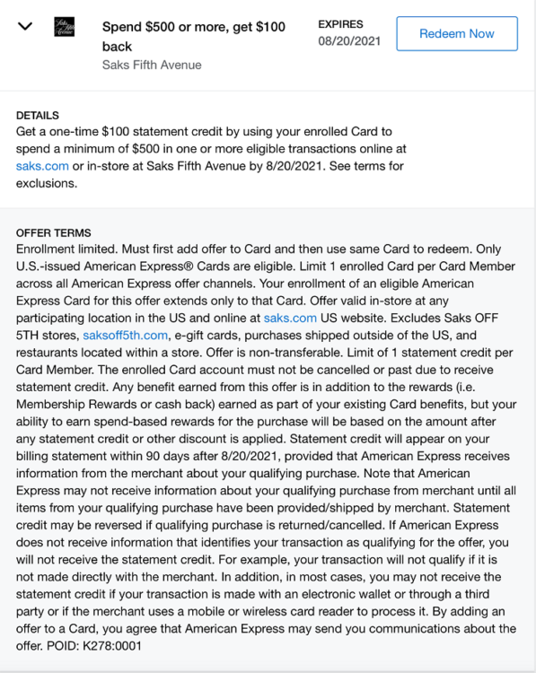 (EXPIRED) Saks Fifth Avenue Amex Offer Spend 500 & Get