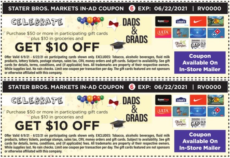 (expired) stater bros: buy $50 select gift cards & $10+ groceries & get $10 off (nike, lowe's & more) gc galore (expired) stater bros: buy