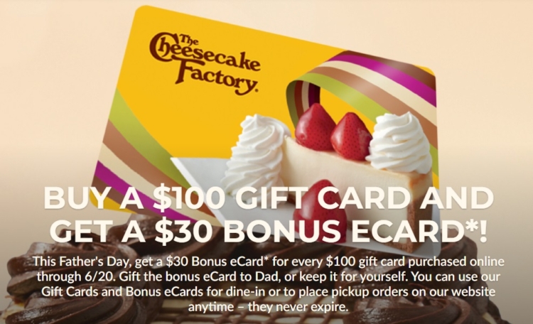 The Cheesecake Factory $100 $30 bonus card