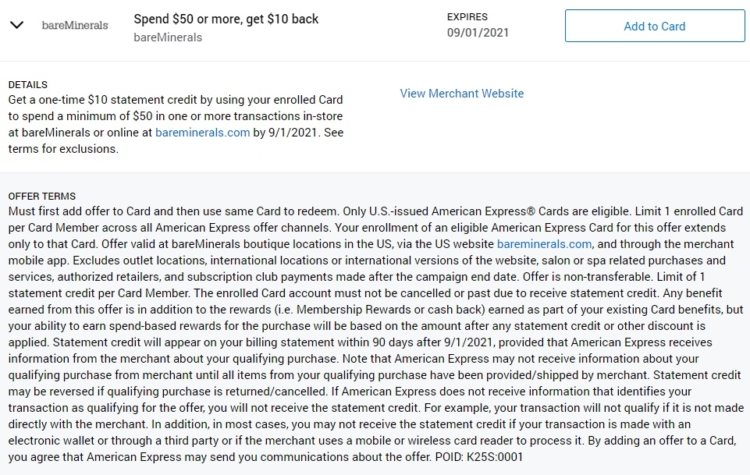 bareMinerals Amex Offer Spend $50 Get $10