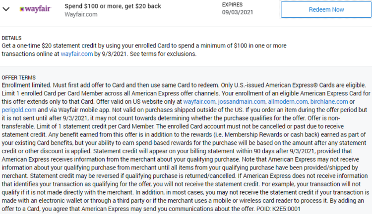 Wayfair Amex Offer spend $100 get $20 back