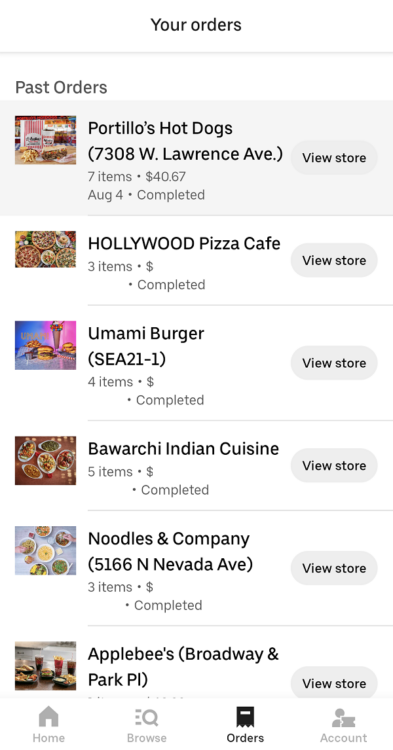 List of previous orders in Uber Eats