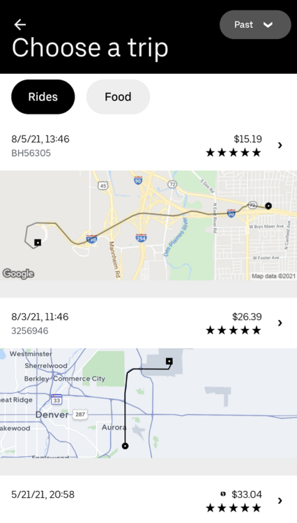 List of recent Uber rides