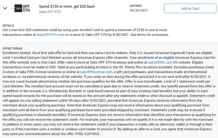 Saks Off 5th Amex Offer