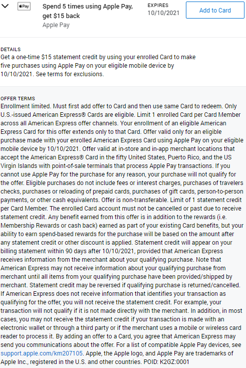 Apple Pay Amex Offer