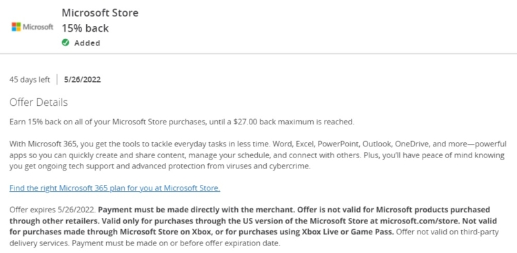 Microsoft Chase Offer 15% $180 Spend 05.26.22