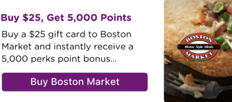 Bitmo Boston Market $25 gift card 5,000 Perk Points