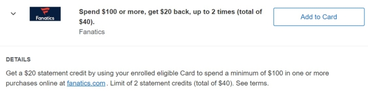 Fanatics Amex Offer spend $100 get $20