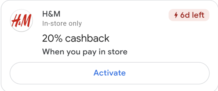Google Pay H&M 20% cashback
