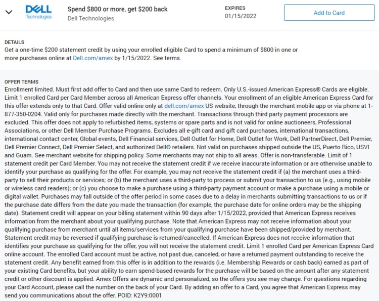 Dell Amex Offer $800 $200 01.15.22