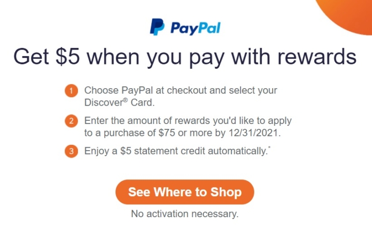 Discover PayPal $75 $5