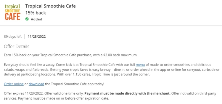 Tropical Smoothie Cafe Chase Offer 15% $20 spend 11.23.22