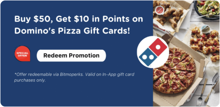 Bitmo Domino's Buy $50 Gift Card & Earn 10,000 Bonus Points