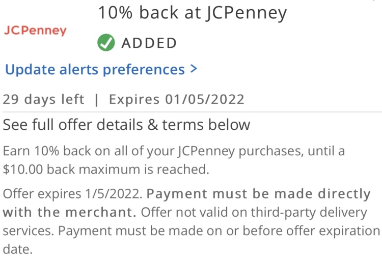 JCPenney Chase Offer Get 10% Maximum $10