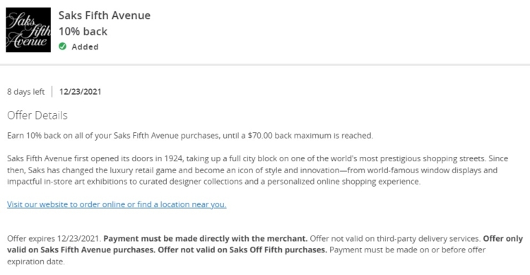 Saks Fifth Avenue Chase Offer 10% Back $700 Spend 12.23.21