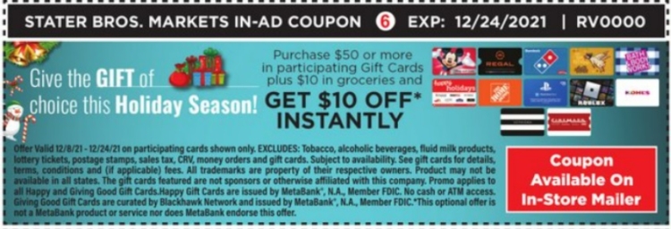 Stater Bros gift card deals 12.08.21.