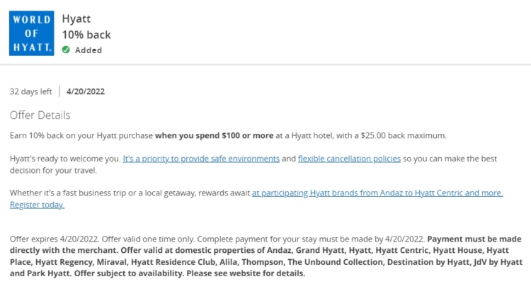 Hyatt Chase Offer 10% $100-$250 Spend 04.20.22