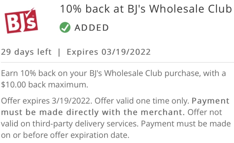 BJ's Wholesale Club BankAmeriDeal 10% back $100 spend