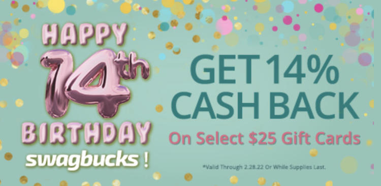 MyGiftCardsPlus 14% cashback select $25 gift cards