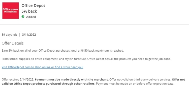 Office Depot OfficeMax Chase Offer 5% Back $130 Spend 03.14.22