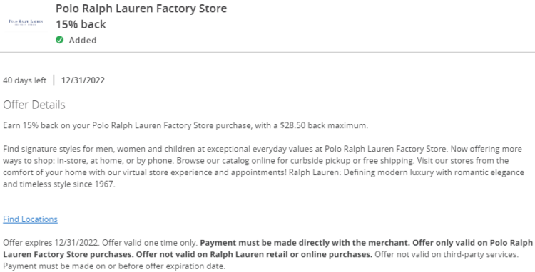 EXPIRED) Polo Ralph Lauren Factory Store Chase Offer/BankAmeriDeal: Get 15%  Back On Up To $190 Spend - Gift Cards Galore
