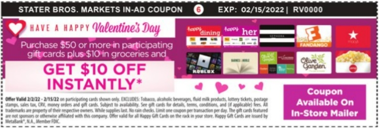 Stater Bros gift card deal 02.02.22.